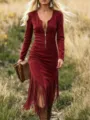 Retro western style long sleeve fringe dress with front zipper slim fit wine red apparel. - S / Burgundy
