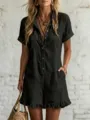 Casual solid color women's short sleeve jumpsuit with button front and ruffle hem design. - Black