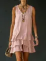 Vrouwen zomer mouwloze effen gelaagde volant casual vest jurk chic mode kleding - S / Roze