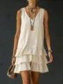 Elegante abito estivo casual senza maniche in tinta unita con volant per donna. - Kaki