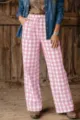 Pantalon droit décontracté ample à carreaux rose et blanc, taille haute confortable. - S / Rose