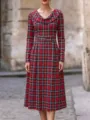 Elegant red plaid long sleeve midi dress with stylish cowl neck and fitted waist design. - S / Red