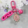 Pink alloy keychain with rose pendant, pearl accent and cute bell for bag charm and keys. - Style 2 / Pink