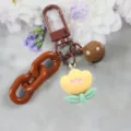 Süßer Kunstharz Blumen Schlüsselanhänger mit brauner Kette, Glocke und Taschenanhänger - Gelbe Blume mit Blättern Schlüsselanhänger (Stil 11)