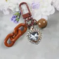 Cute brown rhinestone heart keychain with chunky chain and bell, stylish candy color bag charm. - Style 8