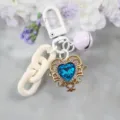 Cute heart crystal rhinestone keychain with bell and white chain accessory for women bags. - Style 3 / Blue