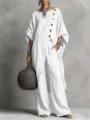 Damen unregelmäßige Linen Optik Hemd und weite Hosen Set Detailansicht Freizeitkleidung - S / Oben Und Unten / Weiß