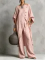 Detailansicht des lässigen Damen Leinen unregelmäßigen Oberteils und Weihosen Sets. - S / Oben Und Unten / Rosa