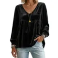 Blusa a maniche lunghe in velluto nero con scollo a V e pizzo, elegante top autunnale. - Nero