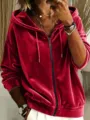 Damen roter Samt Kapuzenpullover mit Reißverschluss und Kordelzug Langarm Sweatshirt. - S / Rot