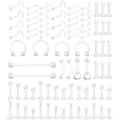 Clear acrylic body piercing retainer set details, including nose studs, labrets, and horseshoe rings. - 82 Pieces/Pack