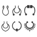 Set of 6 black faux septum rings, magnetic non-piercing horseshoe nose rings jewelry. - Style A / Black