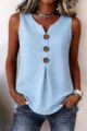 Casual mouwloze V-hals top met knopen en geplooide zoom, losse pasvorm dameskleding voor de zomer. - Hemelsblauw