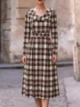 Elegant long sleeve plaid maxi dress featuring a chic cowl neck and fitted waist design. - S / Apricot