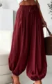 Pantalon Lanterne Taille Haute Cordon Bordeaux Style Casual Boho Vacances Plage Femme - Bordeaux