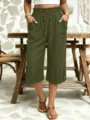 Women casual cropped pants olive green high waist cotton linen capris with side pockets. - S / Army Green