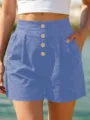 Women high waisted blue shorts with buttons casual summer beach chic stylish fashion wear - S / Blue