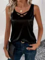 Close-up detail of women's satin V-neck sleeveless tank top featuring stylish cross straps design. - S / Black