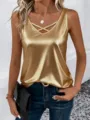Gold satin sleeveless tank top detail, V-neck with chic cross strap design for women. - S / Gold