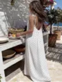 Women summer casual polka dot spaghetti strap backless long maxi dress beachwear - S / Polka Dot White