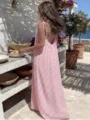 Women pink polka dot backless spaghetti strap maxi dress summer beach loungewear detail view - S / Spotted Pink