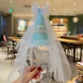 Kids birthday party headband with shiny blue cone hat and star mesh veil for cute girls. - Sky Blue