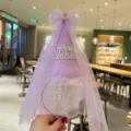 Purple birthday party headband with mesh veil, bowknot and glitter cone hat for cute girls. - Purple