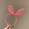 Pink mesh bunny ear headband cute girl hair hoop sweet hair accessories everyday wear - Rose Red Finished Product