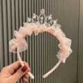 Kids pink princess crown headband with pearls and mesh for birthday party performance hair accessories - Pink