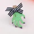 Halloween wooden clothespin with green glitter monster hand and black white striped bow craft accessory - Zombie Hand Style / Dark Green (O3-5)