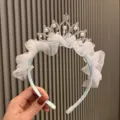 Light blue princess crown headband for girls with white mesh ruffles and pearls hair hoop - Sky Blue