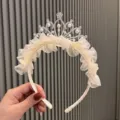 Kids princess crown headband with delicate lace mesh, faux pearls and sparkling rhinestones. - Champagne