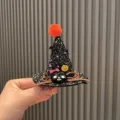 Halloween glittering witch hat hair clip with cute skull and pom-pom for kids party decor - Witch Hat / Black