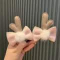 Mollette per capelli Natale corna di cervo fiocco rosa ponpon morbidi accessori bimba - Coppia di Clip Rosa