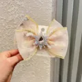 Kinder Netz Schleife Haarklammer mit glitzernden Strass Schneeflocke und rosa Kristall Edelstein. - Haarspange (L4-3) / Hell Champagner