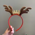 Weihnachten Rentier Geweih Haarreif, rotes Plüsch Haarband mit goldener Krone für Kinder Party. - Braun Krone