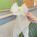 Cream white organza hair bow clip for girls, elegant ribbon hairpin with sweet crown decor. - Apricot
