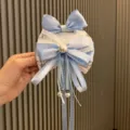 Dulce horquilla de lazo Lolita azul con encaje perlas y Cintas largas para chicas lindas. - Azul cielo