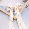 Kids cream white polka dot hair bow clip with long ribbon, sweet children hair accessories variant. - Light Rice White