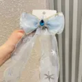 Kinder blaue Schleife Haarspange mit Schneeflocken-Edelstein und Bändern, Prinzessin Haar-Accessoire. - Band Haarspange (L4-3) / Himmelblau