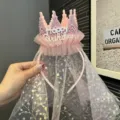 Süßer rosa Kronen Haarreif mit glitzerndem Netzschleier für Mädchen Geburtstag Party Zubehör. - Rosa Stirnband (T4-3) / Rosa