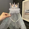Kinder Geburtstag Krone Haarreif mit Schleier glitzernder Mesh Haarschmuck Party - Silbergrau Stirnband (T4-3) / Silbergrau