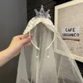 Süßes Kinder Kronen Haarband mit Spitzenschleier und Glitzer für Geburtstagsfeiern. - Beige Stirnband (U4-4) / Beige