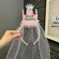 Kinder Rosa Geburtstag Krone Haarreif mit Netz Schleier Glitzer Strass Tiara Kopfschmuck - Rosa Stirnband (X3-1) / Rosa