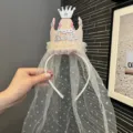 Süßes Kinder Geburtstag Krone Haarreif mit Glitzer Strass und Spitzenschleier Party. - Champagner Stirnband (X3-1) / Champagner