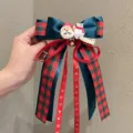 Christmas plaid bow hair clip with Santa bear charm winter holiday hair accessories - Snap Clip / Teal