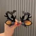 Halloween deer antler hair clip with bat and glitter ears, spooky gothic holiday party headwear. - Bat Clip Pair (O1-2) / Orange