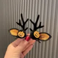 Halloween antler hair clips with glitter pumpkin ears, black deer horn hairpin for party. - Pompom Clip Pair (O1-2) / Black