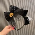 Halloween black velvet bow headband with glitter pumpkin and spider for party hair accessories. - Devil Pumpkin Spider Headband / Black