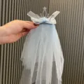 Cute baby girl light blue tulle hair clip with rhinestone crown design for party photo. - Half Wrapped Top Clip Style / Sky Blue
